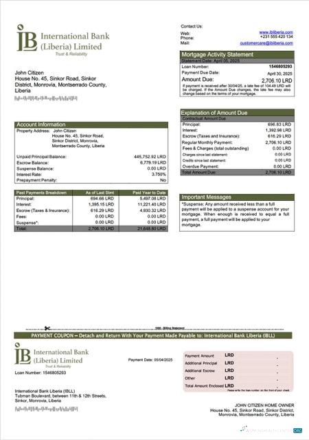 Liberia International Bank Liberia (IBLL) mortgage statement Word and PDF template